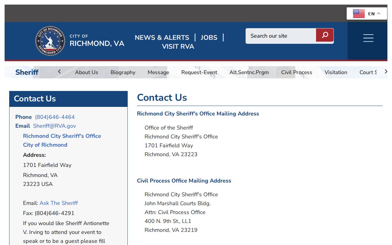Richmond City warrant confirmation contacts at the Sheriff's Office