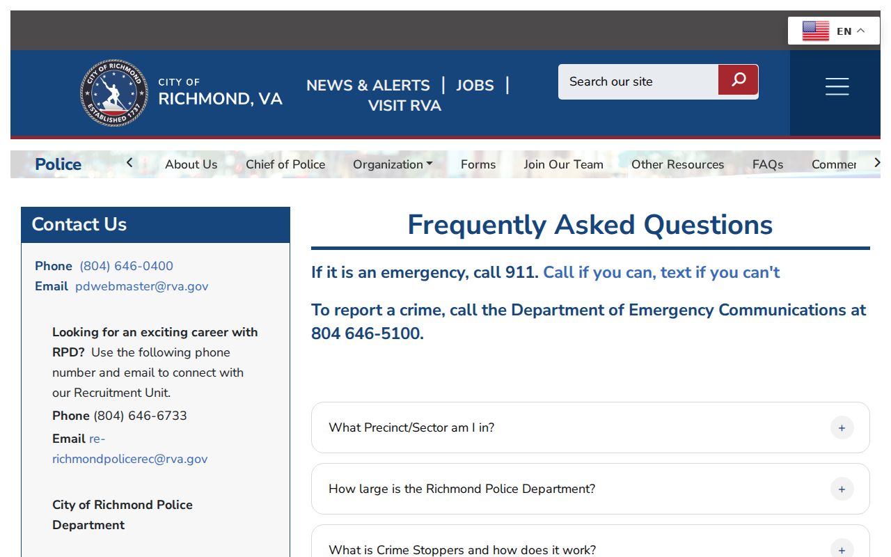 Richmond City warrant process information from the Police Department FAQ