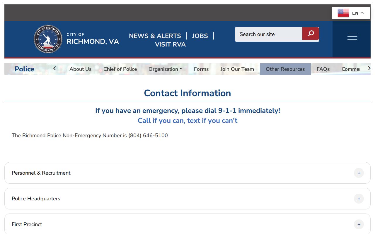 Richmond City arrest warrant service office at Police Headquarters