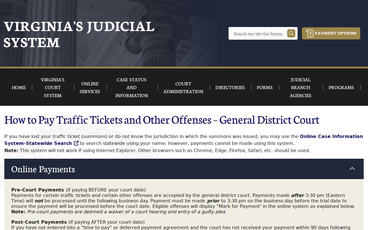 Richmond City traffic warrant case search and payment controls
