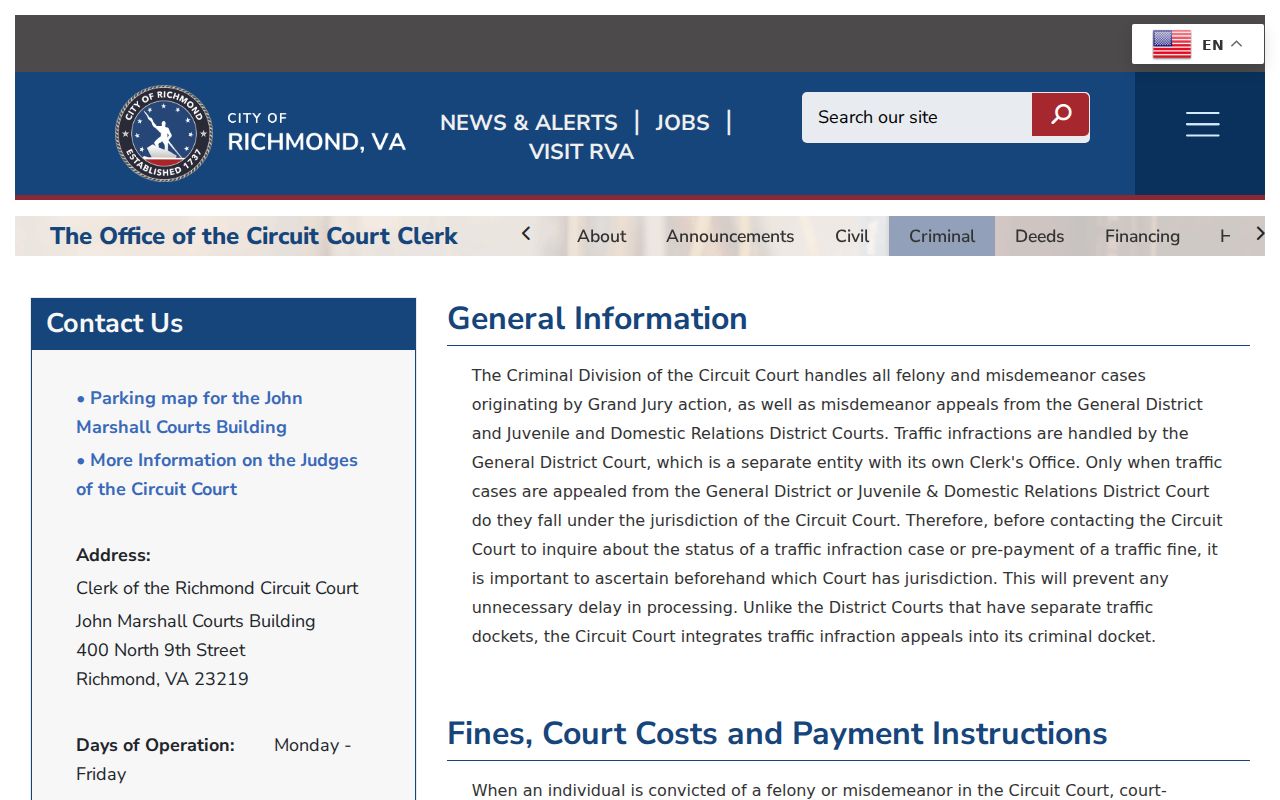 Richmond City Circuit Clerk payment instructions for court fines and costs