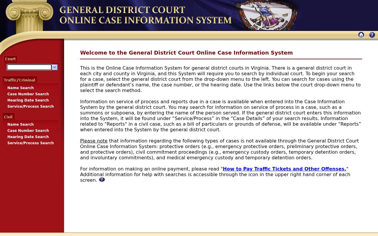 Richmond City warrant case court selection in the General District Court search