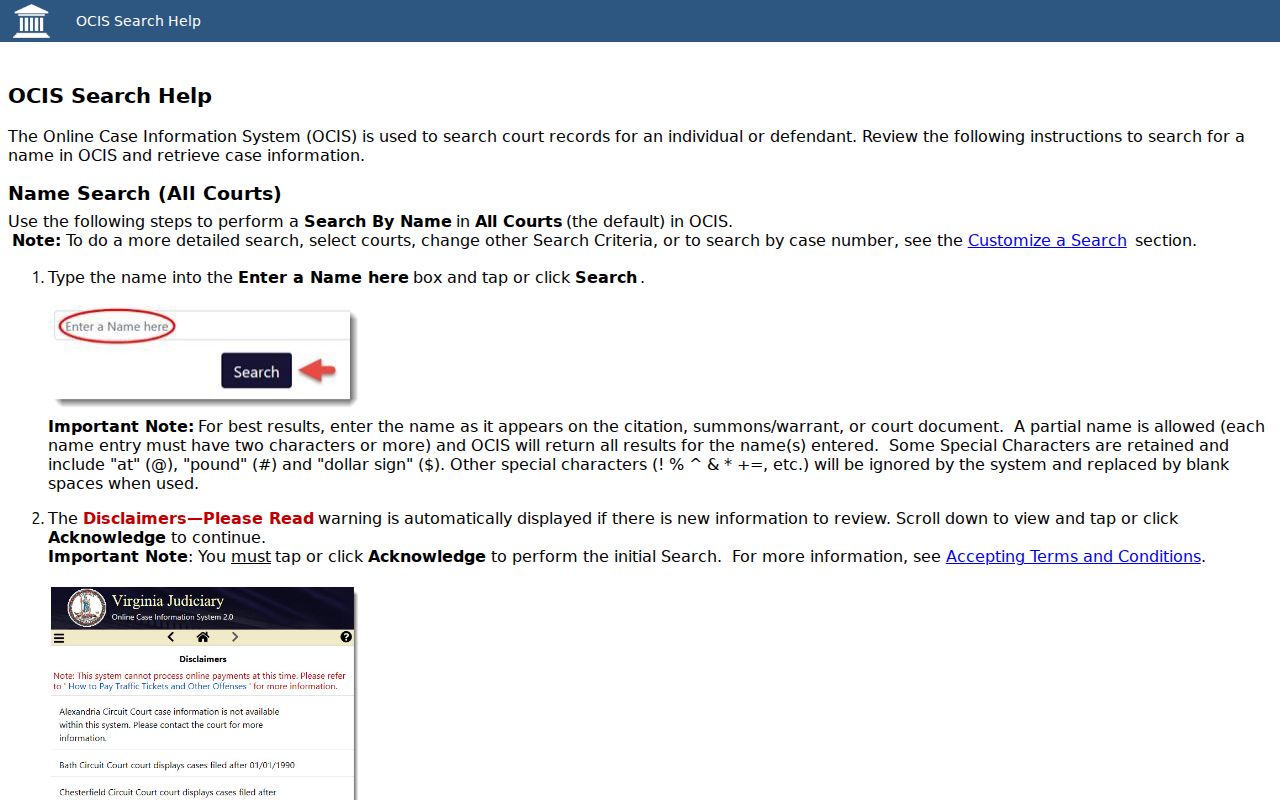 Richmond City warrant search fields explained by Virginia OCIS help